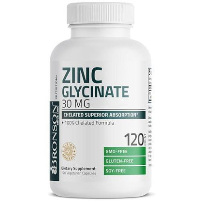 Bronson Zinkglycinat 30 mg – Chelatiert, Höchste Bioverfügbarkeit, 100% Chelatkomplex, Nicht-GVO, 120 Kapseln