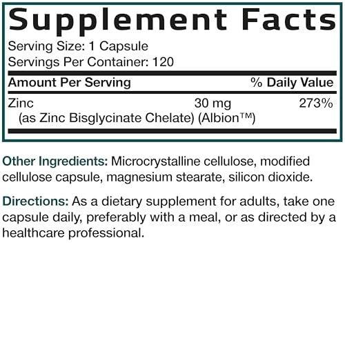 Bronson Zinkglycinat 30 mg – Chelatiert, Höchste Bioverfügbarkeit, 100% Chelatkomplex, Nicht-GVO, 120 Kapseln