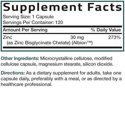 Bronson Zinkglycinat 30 mg – Chelatiert, Höchste Bioverfügbarkeit, 100% Chelatkomplex, Nicht-GVO, 120 Kapseln