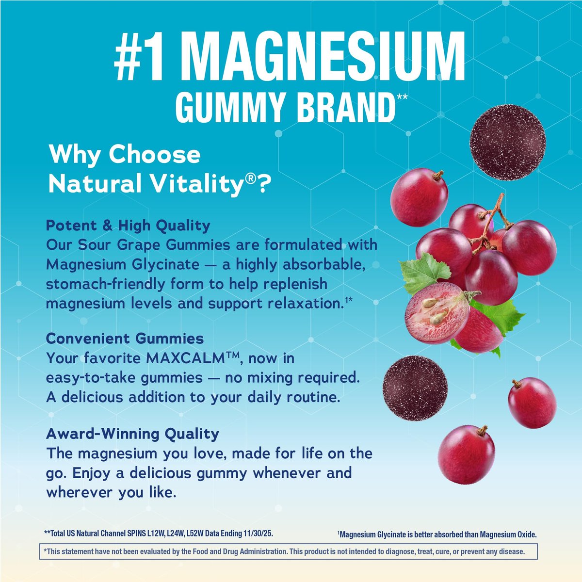 Natural Vitality Calm Magnesium Glycinate Gummis | Traubengeschmack | Nicht-GVO, Vegan & Glutenfrei | 50 Stück