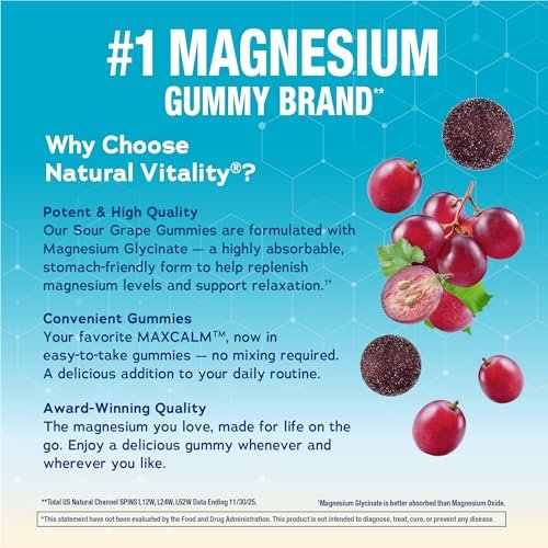 Natural Vitality Calm Magnesium Glycinate Gummis | Traubengeschmack | Nicht-GVO, Vegan & Glutenfrei | 50 Stück