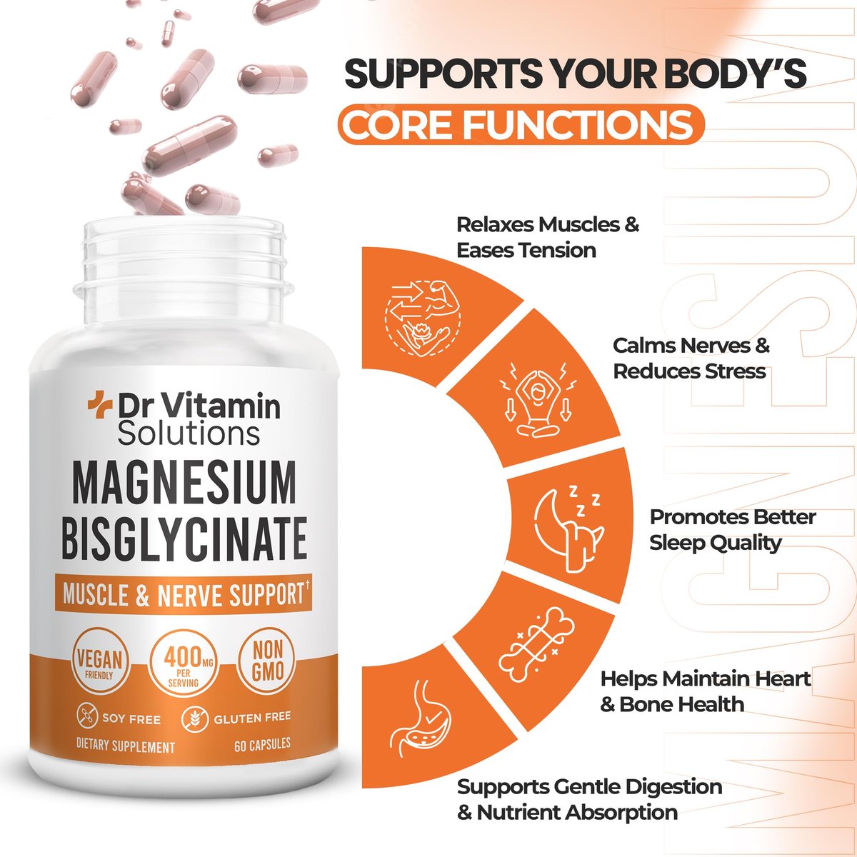 Magnesium Glycinate 400 mg (gepuffertes Magnesiumbisglycinat-Chelat) | Albion® cheliertes Magnesium für Muskel- und Nervenunterstützung + Ruhe | Hohe Absorption, magenschonend | Nicht-GVO, 60 vegane Kapseln