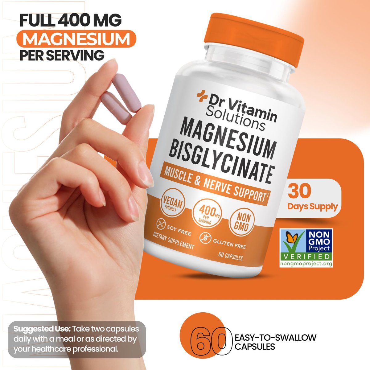 Magnesium Glycinate 400 mg (gepuffertes Magnesiumbisglycinat-Chelat) | Albion® cheliertes Magnesium für Muskel- und Nervenunterstützung + Ruhe | Hohe Absorption, magenschonend | Nicht-GVO, 60 vegane Kapseln