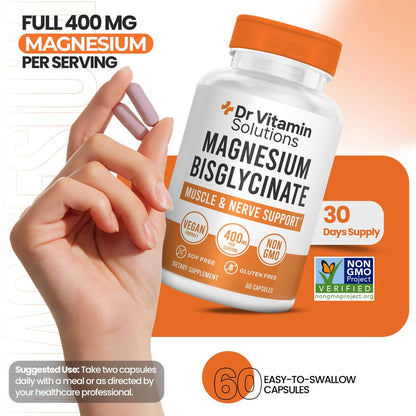 Magnesium Glycinate 400 mg (gepuffertes Magnesiumbisglycinat-Chelat) | Albion® cheliertes Magnesium für Muskel- und Nervenunterstützung + Ruhe | Hohe Absorption, magenschonend | Nicht-GVO, 60 vegane Kapseln