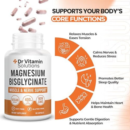 Magnesium Glycinate 400 mg (gepuffertes Magnesiumbisglycinat-Chelat) | Albion® cheliertes Magnesium für Muskel- und Nervenunterstützung + Ruhe | Hohe Absorption, magenschonend | Nicht-GVO, 60 vegane Kapseln