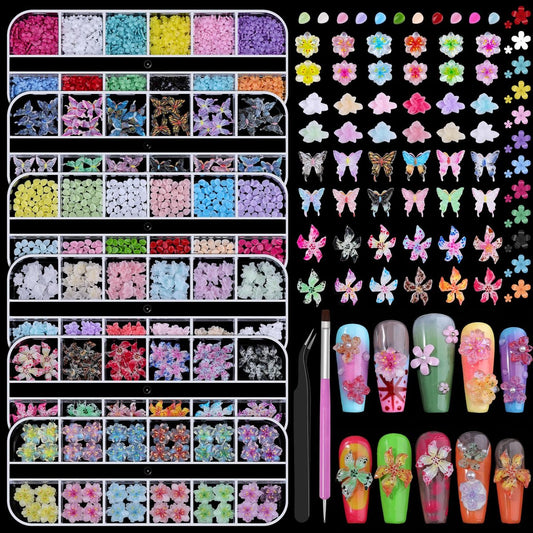 6 Boxen Blumennagelkunst-Charme, Niedliche Bunte Blumen-Nagelcharmes Hibiskus Eis Transluzente Schmetterlingsblütenblätter Nagelsteine mit Aufnahmewerkzeugen für Nagelkunst Maniküre DIY