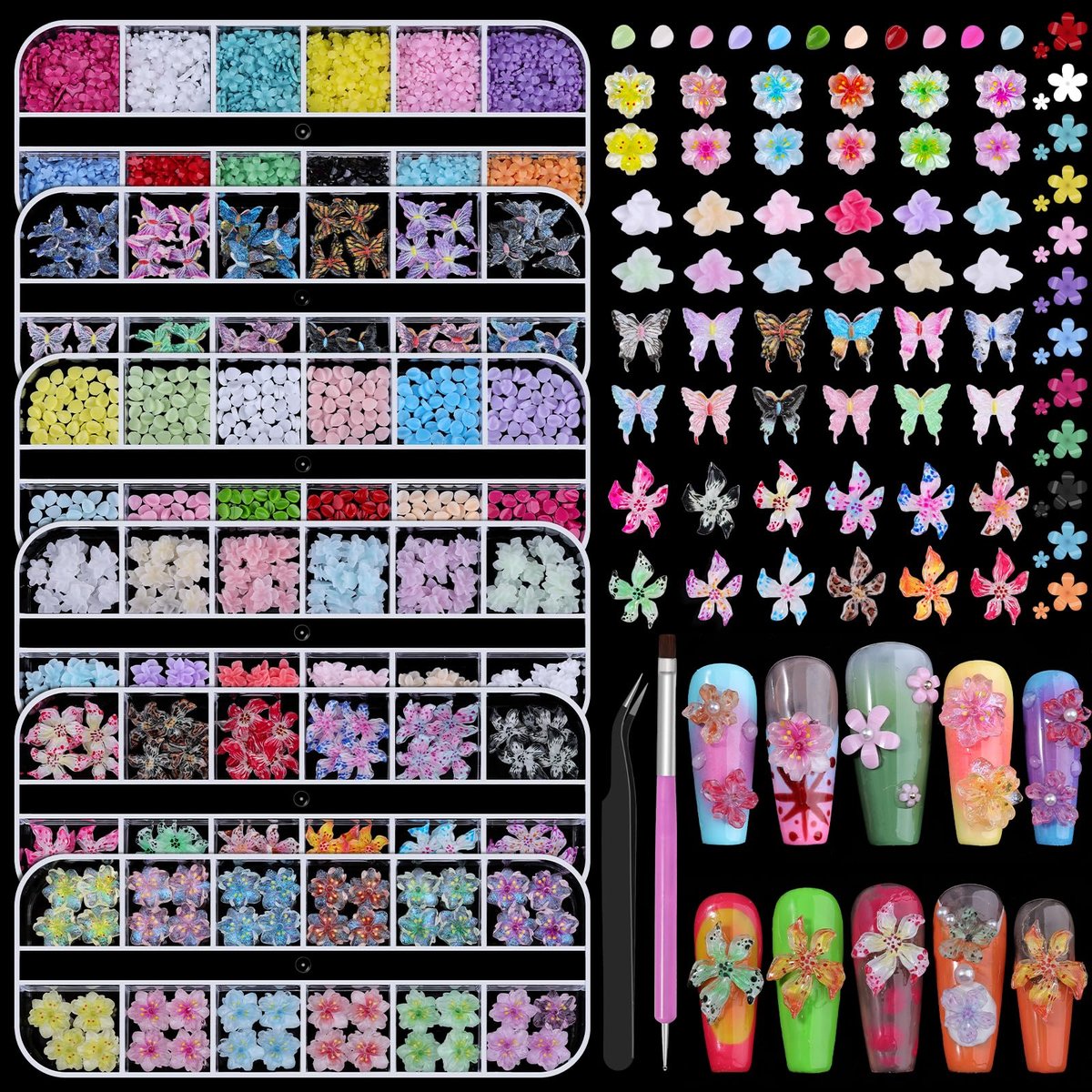 6 Boxen Blumennagelkunst-Charme, Niedliche Bunte Blumen-Nagelcharmes Hibiskus Eis Transluzente Schmetterlingsblütenblätter Nagelsteine mit Aufnahmewerkzeugen für Nagelkunst Maniküre DIY