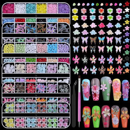 6 Boxen Blumennagelkunst-Charme, Niedliche Bunte Blumen-Nagelcharmes Hibiskus Eis Transluzente Schmetterlingsblütenblätter Nagelsteine mit Aufnahmewerkzeugen für Nagelkunst Maniküre DIY