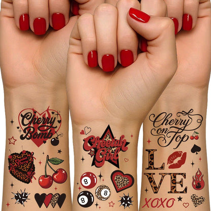 Rotes Cheetah-Print temporäre Tattoos – 50 Y2K-Motive, 4 Bögen, Leoparden-Cherry-Partygeschenke für Mädelsabend, Junggesellinnenabschied, Frauen, Foto-Requisiten