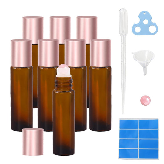 Warmify 8er-Pack Rosenquarz-Rollerflaschen für ätherische Öle, 10 ml nachfüllbare Amber-Glasflaschen mit natürlichen Kristallrollkugeln, auslaufsichere Reise-Parfümflasche mit Roségolddeckel
