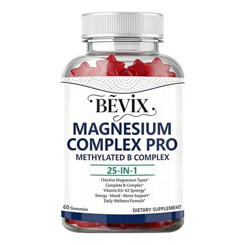 BEVIX Magnesium Komplex Gummis mit methyliertem B-Komplex – Magnesiumglycinat, Citrat, Malat, Taurat, Gluconat, Aspartat, Carbonat, D3, K2 – 60 Gummis für Entspannung, Energie & Nerven