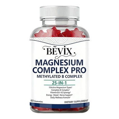 BEVIX Magnesium Komplex Gummis mit methyliertem B-Komplex – Magnesiumglycinat, Citrat, Malat, Taurat, Gluconat, Aspartat, Carbonat, D3, K2 – 60 Gummis für Entspannung, Energie & Nerven