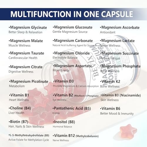 BEVIX Magnesium Komplex Gummis mit methyliertem B-Komplex – Magnesiumglycinat, Citrat, Malat, Taurat, Gluconat, Aspartat, Carbonat, D3, K2 – 60 Gummis für Entspannung, Energie & Nerven