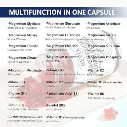 BEVIX Magnesium Komplex Gummis mit methyliertem B-Komplex – Magnesiumglycinat, Citrat, Malat, Taurat, Gluconat, Aspartat, Carbonat, D3, K2 – 60 Gummis für Entspannung, Energie & Nerven