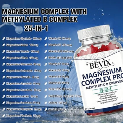 BEVIX Magnesium Komplex Gummis mit methyliertem B-Komplex – Magnesiumglycinat, Citrat, Malat, Taurat, Gluconat, Aspartat, Carbonat, D3, K2 – 60 Gummis für Entspannung, Energie & Nerven