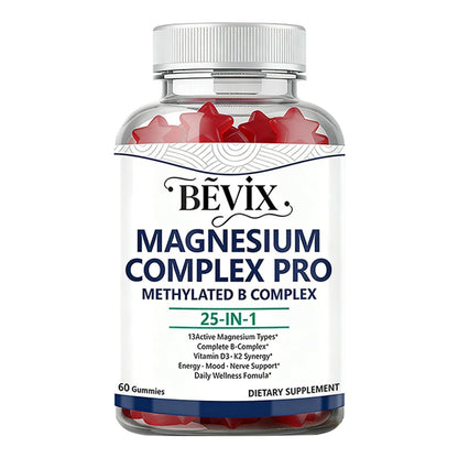 BEVIX Magnesium Komplex Gummis mit methyliertem B-Komplex – Magnesiumglycinat, Citrat, Malat, Taurat, Gluconat, Aspartat, Carbonat, D3, K2 – 60 Gummis für Entspannung, Energie & Nerven