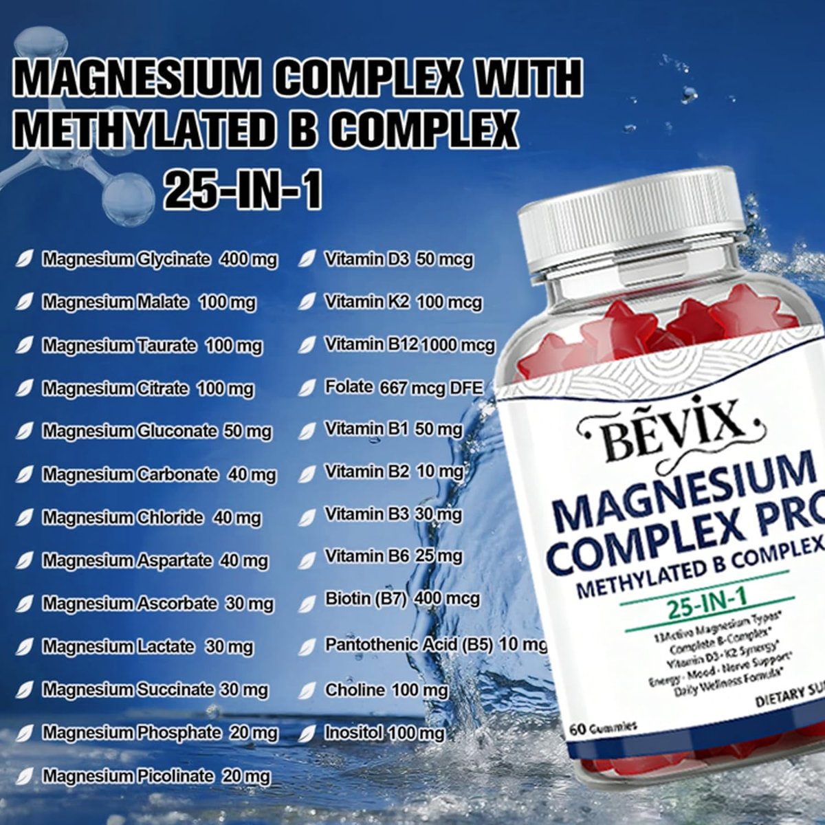 BEVIX Magnesium Komplex Gummis mit methyliertem B-Komplex – Magnesiumglycinat, Citrat, Malat, Taurat, Gluconat, Aspartat, Carbonat, D3, K2 – 60 Gummis für Entspannung, Energie & Nerven