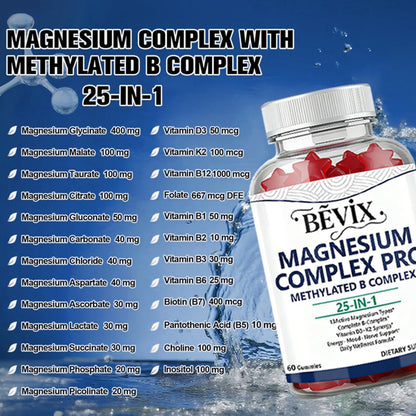 BEVIX Magnesium Komplex Gummis mit methyliertem B-Komplex – Magnesiumglycinat, Citrat, Malat, Taurat, Gluconat, Aspartat, Carbonat, D3, K2 – 60 Gummis für Entspannung, Energie & Nerven