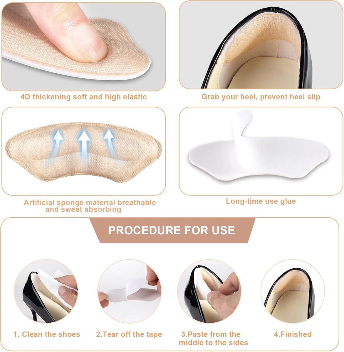 CGYISOL 6 Paar Fersenpolster für Schuhe, Memory-Schaum Fersenkissen zur Blasenprävention & Rutschstopp, Anti-Rutsch Fersenhalter für High Heels & Business Schuhe, Schwarz und Beige