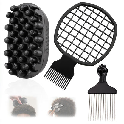 FOWSRHRG 3er Pack Silikon-Curling-Haarbürste & Metall-Afro-Pick-Haarkamm-Set – Waschbarer Lockenschwamm für schwarze Männer, Naturhaar, Dreadlocks, Locken & 4C-Afro-Haarstyling-Tool