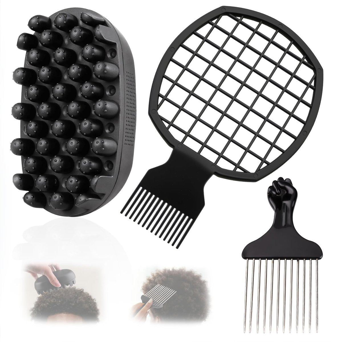 FOWSRHRG 3er Pack Silikon-Curling-Haarbürste & Metall-Afro-Pick-Haarkamm-Set – Waschbarer Lockenschwamm für schwarze Männer, Naturhaar, Dreadlocks, Locken & 4C-Afro-Haarstyling-Tool