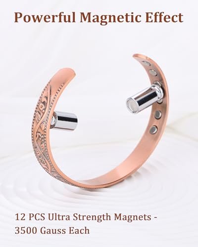 BioMag 2er-Set Magnetarmband aus Kupfer für Damen und Herren – 99,99 % reines Kupfer, verstellbares Cuff-Armband mit 12 Magneten (3500 Gauss), Blumenranken-Design