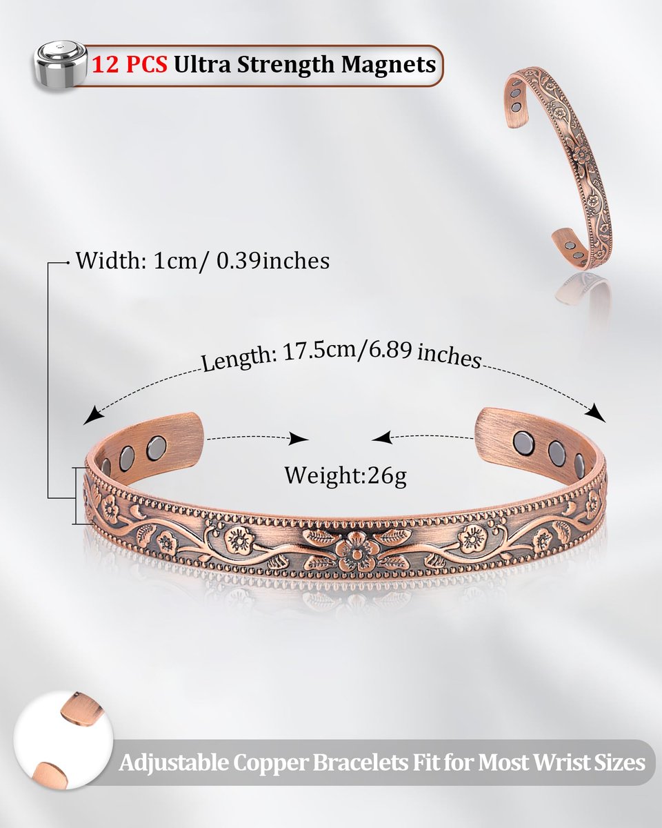 BioMag 2er-Set Magnetarmband aus Kupfer für Damen und Herren – 99,99 % reines Kupfer, verstellbares Cuff-Armband mit 12 Magneten (3500 Gauss), Blumenranken-Design