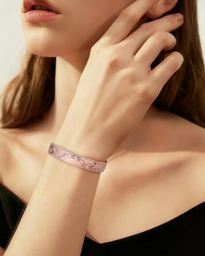 BioMag 2er-Set Magnetarmband aus Kupfer für Damen und Herren – 99,99 % reines Kupfer, verstellbares Cuff-Armband mit 12 Magneten (3500 Gauss), Blumenranken-Design