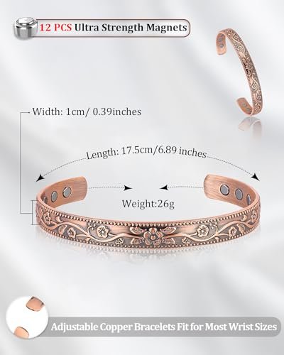 BioMag 2er-Set Magnetarmband aus Kupfer für Damen und Herren – 99,99 % reines Kupfer, verstellbares Cuff-Armband mit 12 Magneten (3500 Gauss), Blumenranken-Design