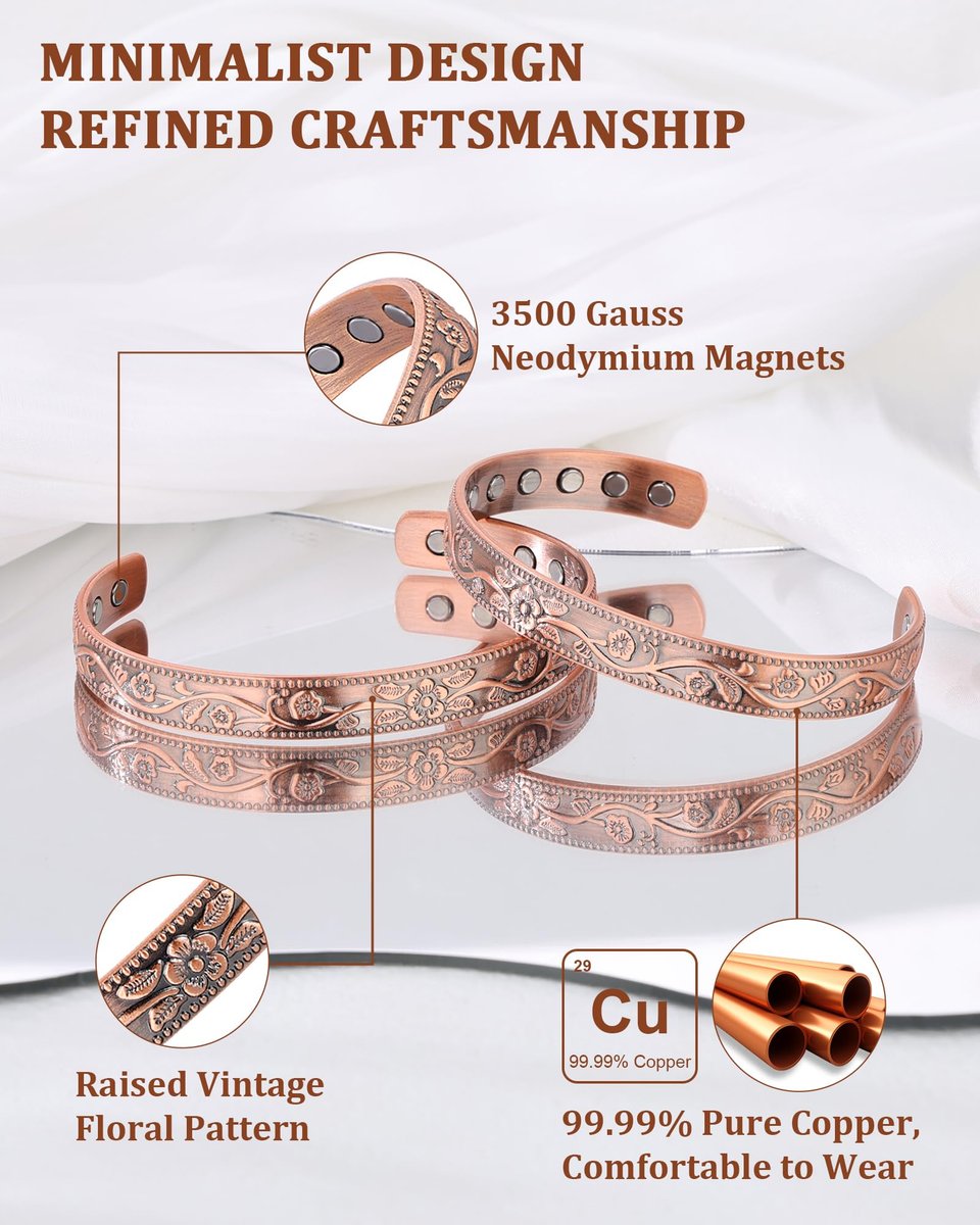 BioMag 2er-Set Magnetarmband aus Kupfer für Damen und Herren – 99,99 % reines Kupfer, verstellbares Cuff-Armband mit 12 Magneten (3500 Gauss), Blumenranken-Design