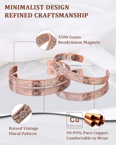 BioMag 2er-Set Magnetarmband aus Kupfer für Damen und Herren – 99,99 % reines Kupfer, verstellbares Cuff-Armband mit 12 Magneten (3500 Gauss), Blumenranken-Design