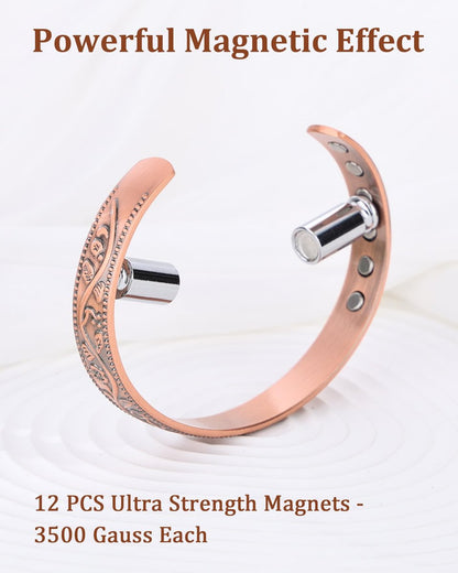 BioMag 2er-Set Magnetarmband aus Kupfer für Damen und Herren – 99,99 % reines Kupfer, verstellbares Cuff-Armband mit 12 Magneten (3500 Gauss), Blumenranken-Design
