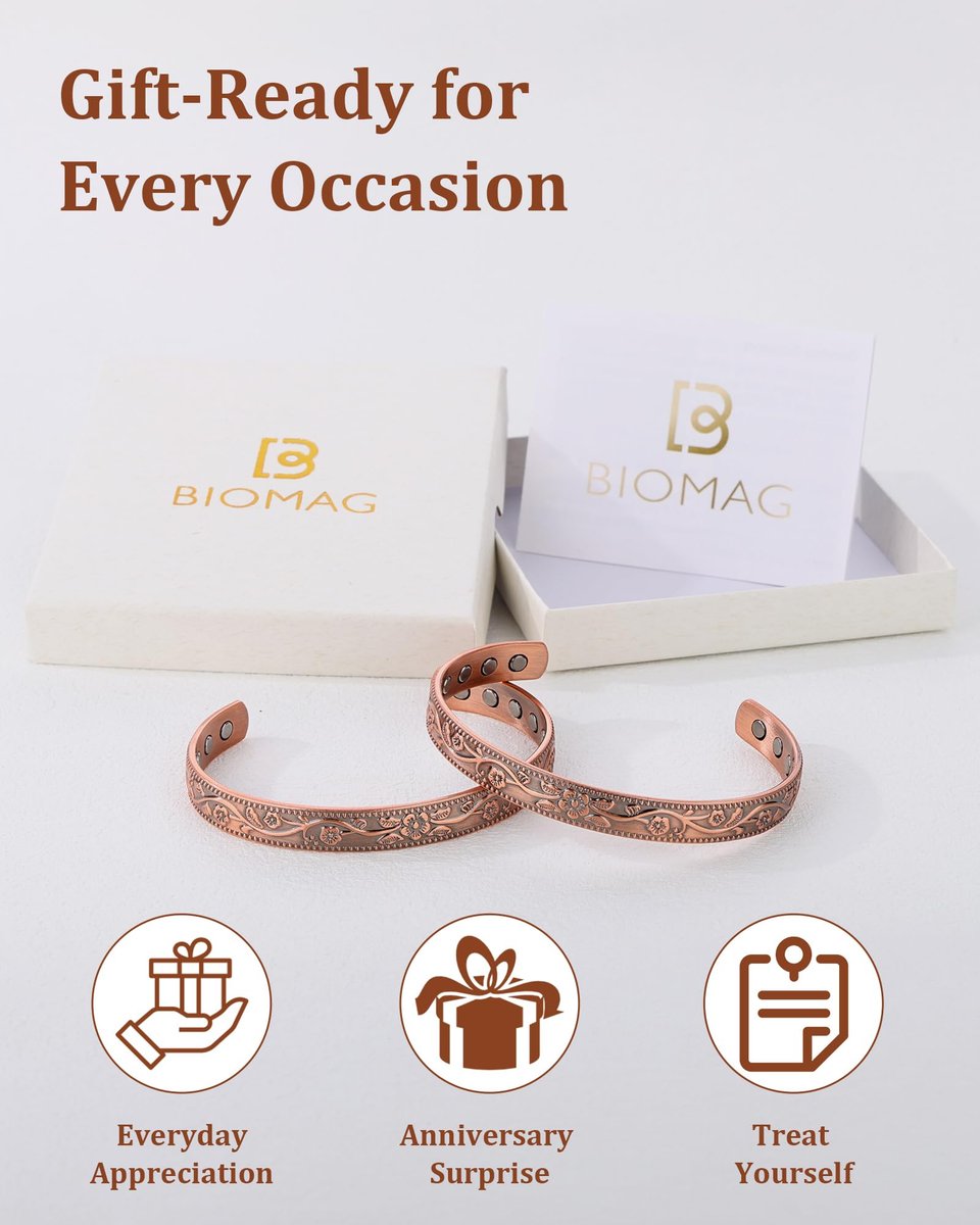 BioMag 2er-Set Magnetarmband aus Kupfer für Damen und Herren – 99,99 % reines Kupfer, verstellbares Cuff-Armband mit 12 Magneten (3500 Gauss), Blumenranken-Design