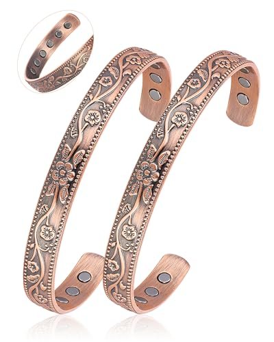 BioMag 2er-Set Magnetarmband aus Kupfer für Damen und Herren – 99,99 % reines Kupfer, verstellbares Cuff-Armband mit 12 Magneten (3500 Gauss), Blumenranken-Design