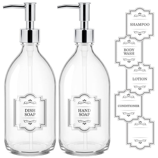HomePicker 16 oz Klarglas-Seifenspender mit Plastikpumpe in Silber, 2er-Pack – 500 ml Glasflasche für Handseife, Spülmittel, Lotion, Körperöl für Badezimmer und Küche