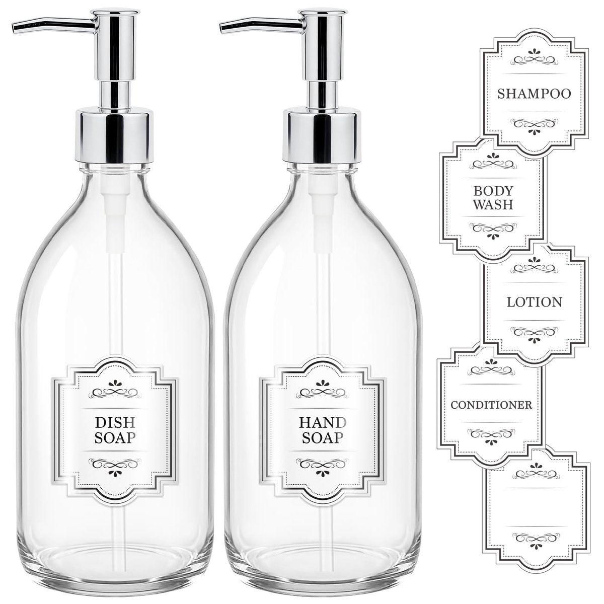 HomePicker 16 oz Klarglas-Seifenspender mit Plastikpumpe in Silber, 2er-Pack – 500 ml Glasflasche für Handseife, Spülmittel, Lotion, Körperöl für Badezimmer und Küche