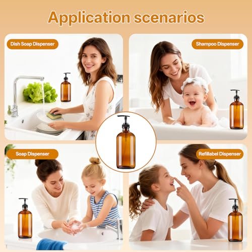 Vitreaux 16oz Amber Glas Seifenspender, 2er-Pack Nachfüllbarer Handseifenspender mit Auslaufsicherer Pumpe, Braune Glasflasche für Spülmittel, Lotion, Shampoo, Conditioner, Duschgel