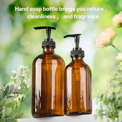 Vitreaux 16oz Amber Glas Seifenspender, 2er-Pack Nachfüllbarer Handseifenspender mit Auslaufsicherer Pumpe, Braune Glasflasche für Spülmittel, Lotion, Shampoo, Conditioner, Duschgel