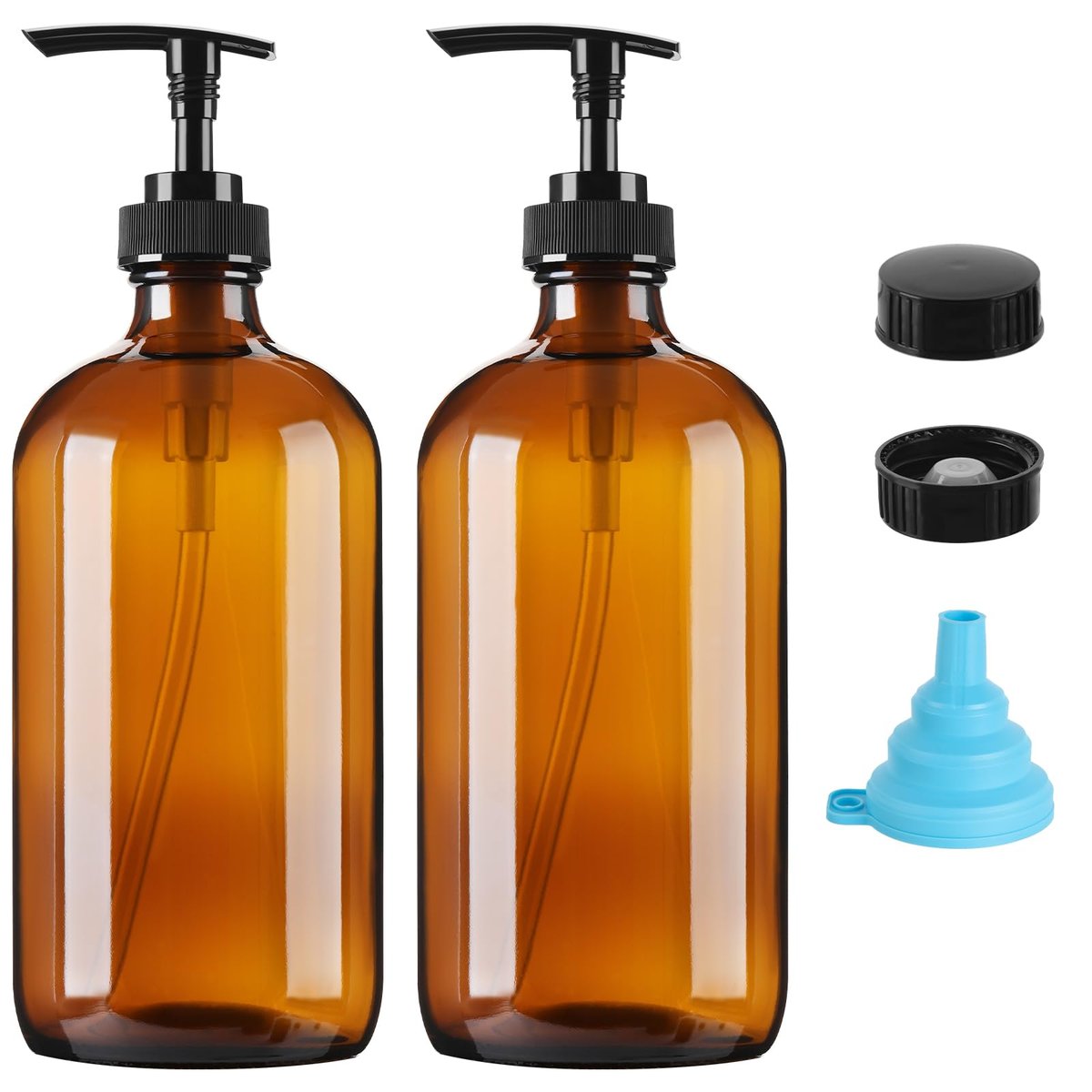 Vitreaux 16oz Amber Glas Seifenspender, 2er-Pack Nachfüllbarer Handseifenspender mit Auslaufsicherer Pumpe, Braune Glasflasche für Spülmittel, Lotion, Shampoo, Conditioner, Duschgel