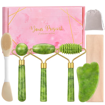6-teiliges Jade-Roller-Set für Gesicht, Gua Sha Gesichtswerkzeuge für Frauen, natürlicher Gesichtsmassageroller für Hautpflege und Make-up