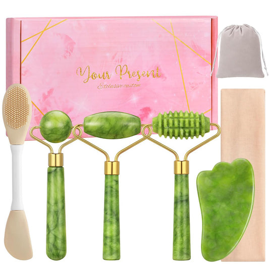 6-teiliges Jade-Roller-Set für Gesicht, Gua Sha Gesichtswerkzeuge für Frauen, natürlicher Gesichtsmassageroller für Hautpflege und Make-up