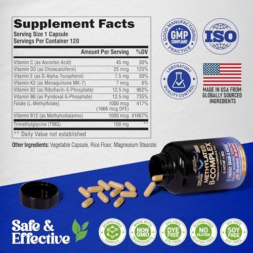 Vitamin B Komplex methyliert – B-Komplex mit Methylfolat & B12 – bioverfügbar für Männer & Frauen – 9-in-1 methylierter Multivitamin – Energie, Gehirn & Stimmung – vegan – laborgetestet – 120 Kapseln, 1/Tag