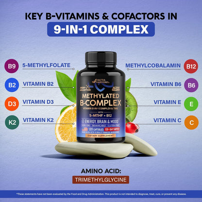 Vitamin B Komplex methyliert – B-Komplex mit Methylfolat & B12 – bioverfügbar für Männer & Frauen – 9-in-1 methylierter Multivitamin – Energie, Gehirn & Stimmung – vegan – laborgetestet – 120 Kapseln, 1/Tag