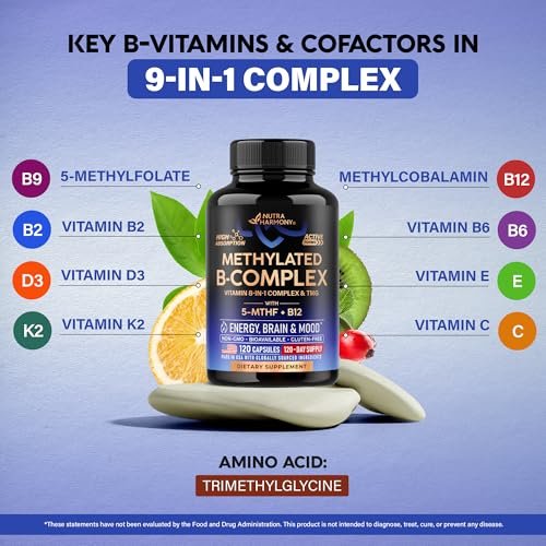 Vitamin B Komplex methyliert – B-Komplex mit Methylfolat & B12 – bioverfügbar für Männer & Frauen – 9-in-1 methylierter Multivitamin – Energie, Gehirn & Stimmung – vegan – laborgetestet – 120 Kapseln, 1/Tag