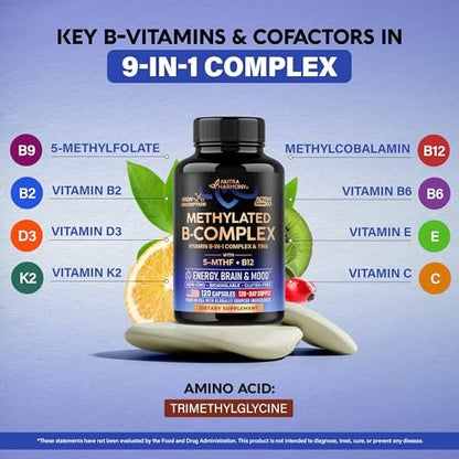 Vitamin B Komplex methyliert – B-Komplex mit Methylfolat & B12 – bioverfügbar für Männer & Frauen – 9-in-1 methylierter Multivitamin – Energie, Gehirn & Stimmung – vegan – laborgetestet – 120 Kapseln, 1/Tag