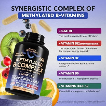 Vitamin B Komplex methyliert – B-Komplex mit Methylfolat & B12 – bioverfügbar für Männer & Frauen – 9-in-1 methylierter Multivitamin – Energie, Gehirn & Stimmung – vegan – laborgetestet – 120 Kapseln, 1/Tag