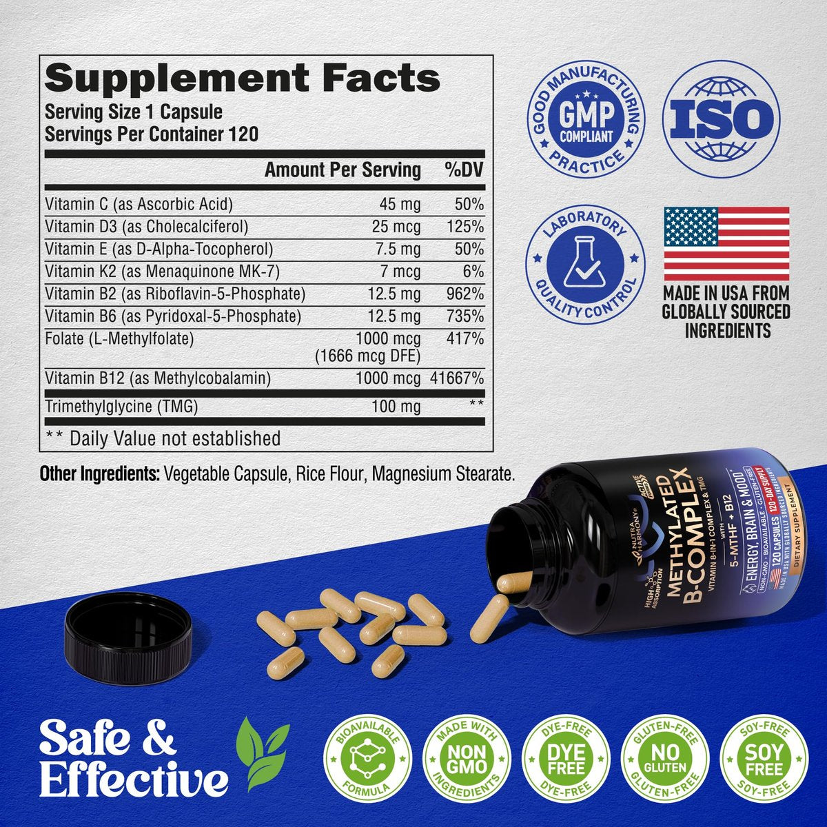 Vitamin B Komplex methyliert – B-Komplex mit Methylfolat & B12 – bioverfügbar für Männer & Frauen – 9-in-1 methylierter Multivitamin – Energie, Gehirn & Stimmung – vegan – laborgetestet – 120 Kapseln, 1/Tag