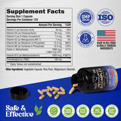 Vitamin B Komplex methyliert – B-Komplex mit Methylfolat & B12 – bioverfügbar für Männer & Frauen – 9-in-1 methylierter Multivitamin – Energie, Gehirn & Stimmung – vegan – laborgetestet – 120 Kapseln, 1/Tag