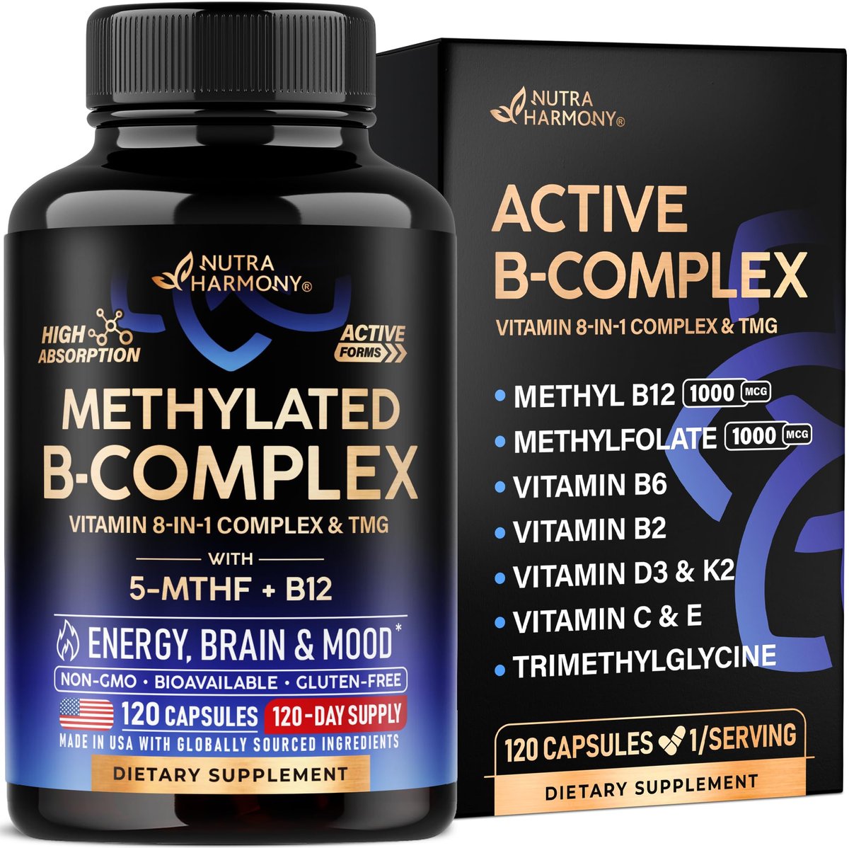 Vitamin B Komplex methyliert – B-Komplex mit Methylfolat & B12 – bioverfügbar für Männer & Frauen – 9-in-1 methylierter Multivitamin – Energie, Gehirn & Stimmung – vegan – laborgetestet – 120 Kapseln, 1/Tag