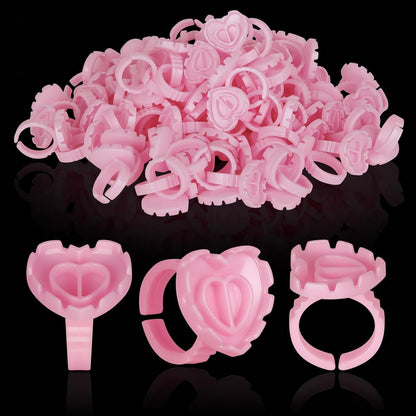100 Stück Kleberinge, Herzform, Wimpernkleber-Halter, Einweg-Lash-Ringe für Wimpernverlängerungen, Blooming Volume Fanning, Kein Verschütten (Pink)
